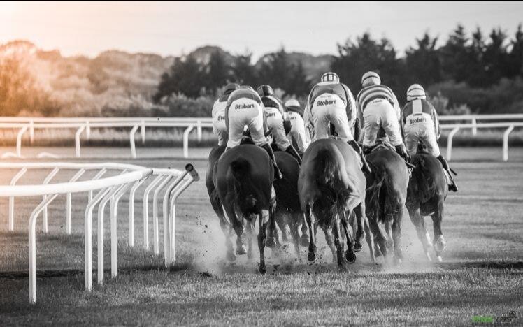 Horses race round the bend at Ffos Las Racecourse