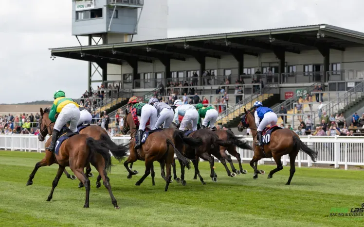 Horses race closely to the finish line in front of the grandstand at Ffos Las