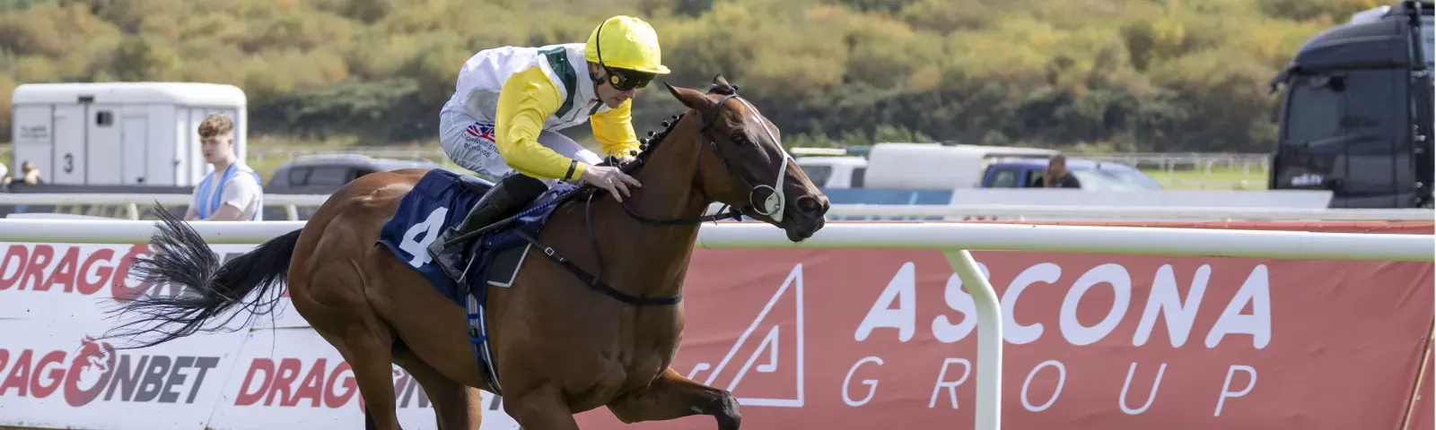 A solo horse and jockey flying down the turf track at Ffos Las